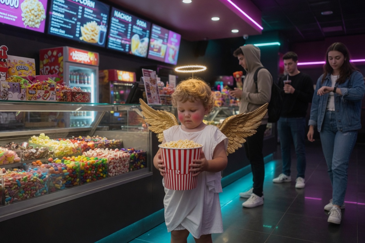 cherub buying popcorn in a movie theater lobby