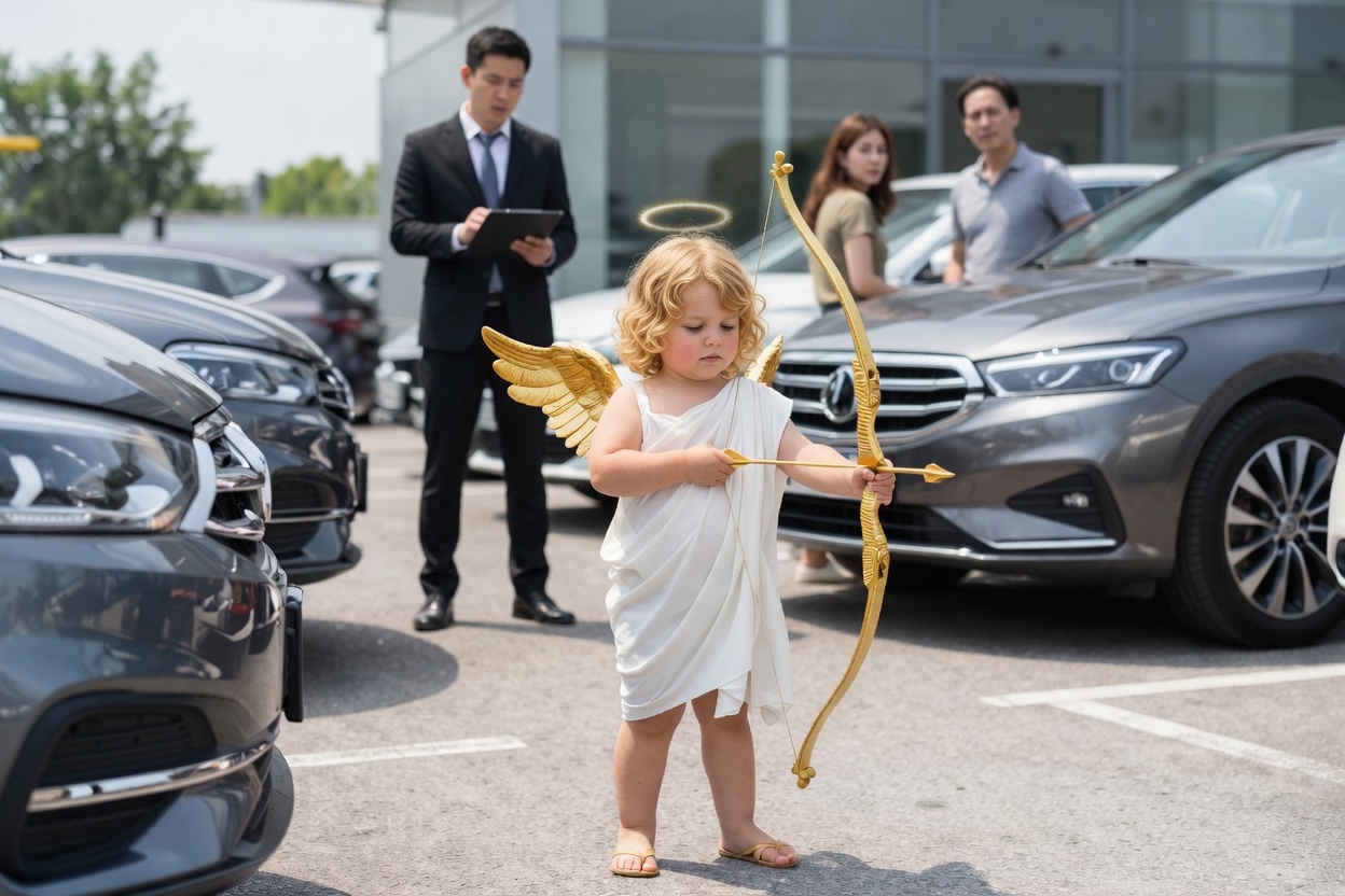 cherub on a car dealership lot