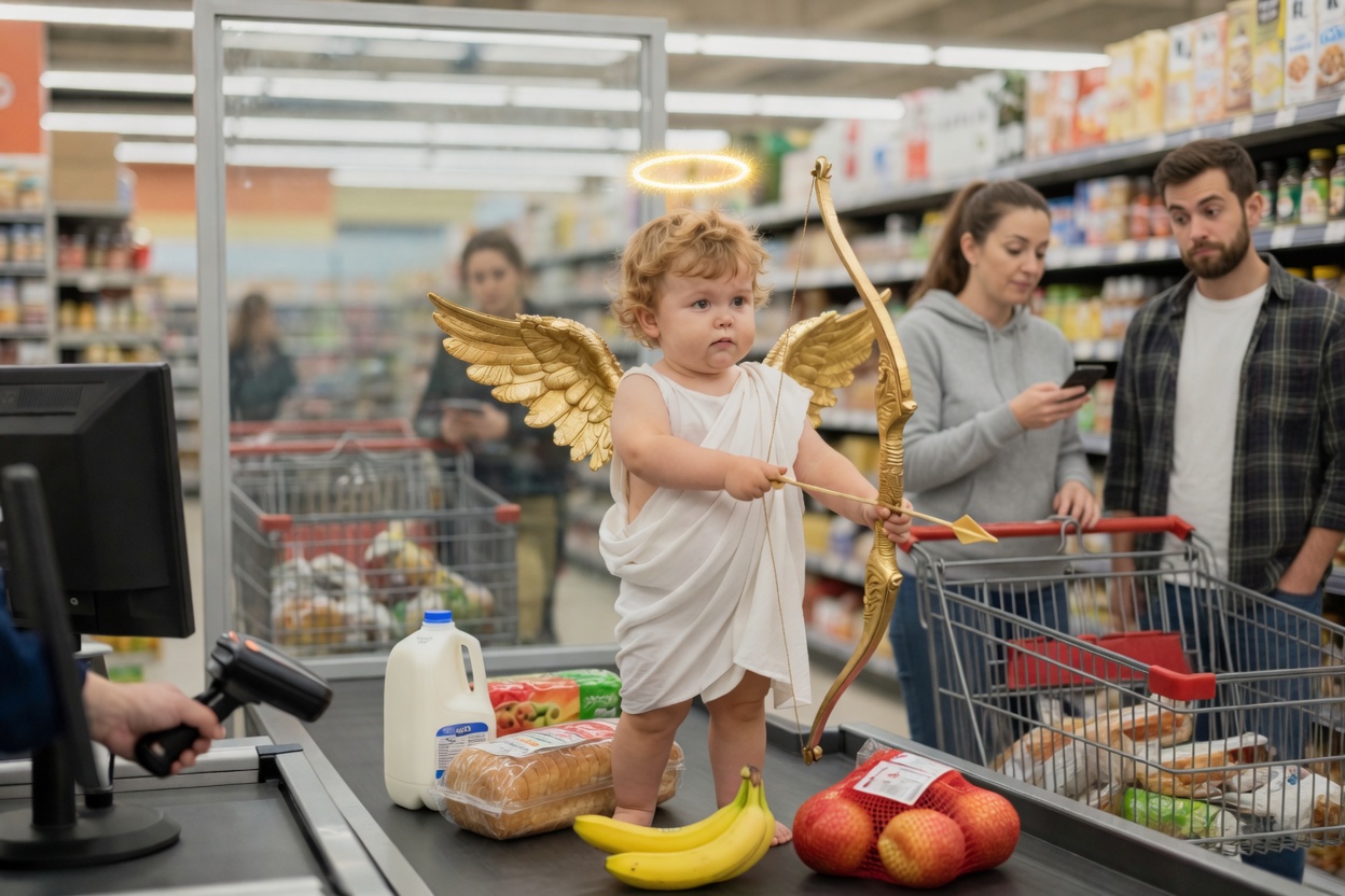 cherub on a grocery checkout belt