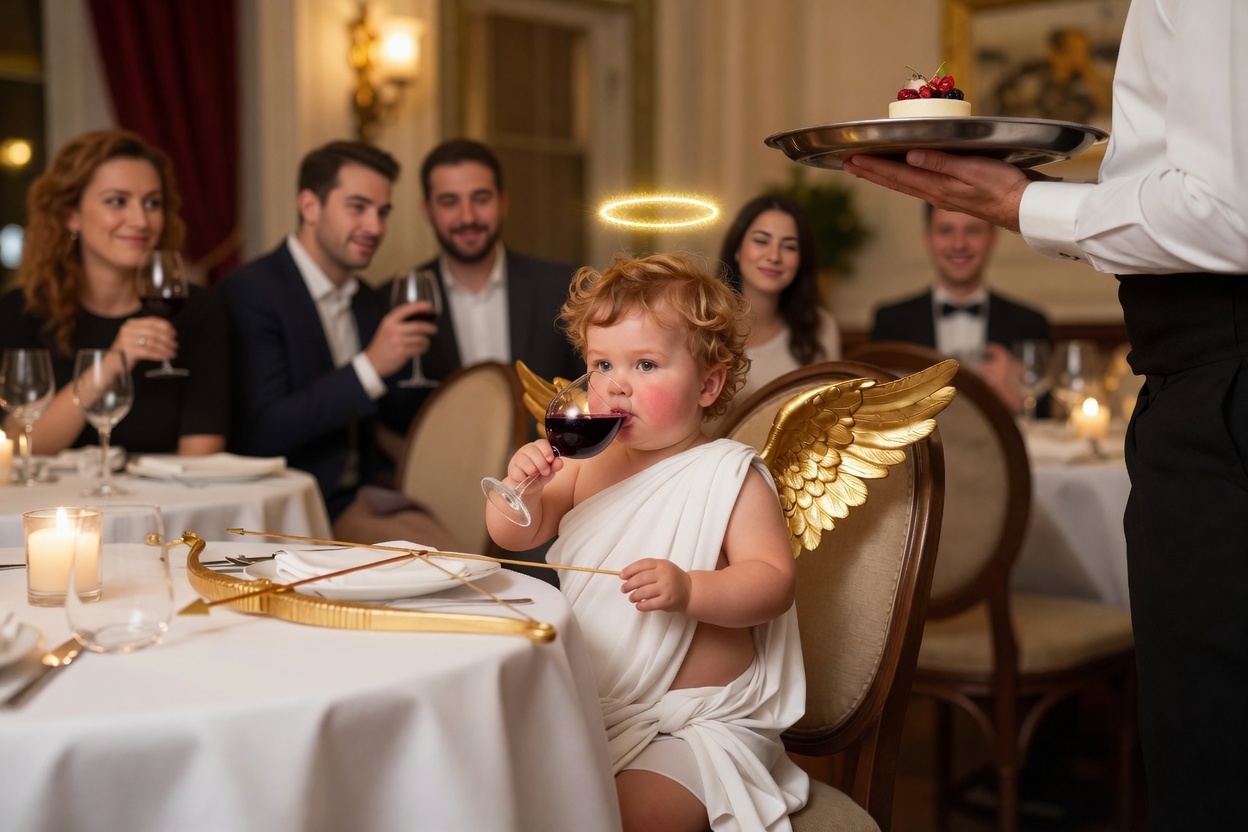 cherub at a fine dining table
