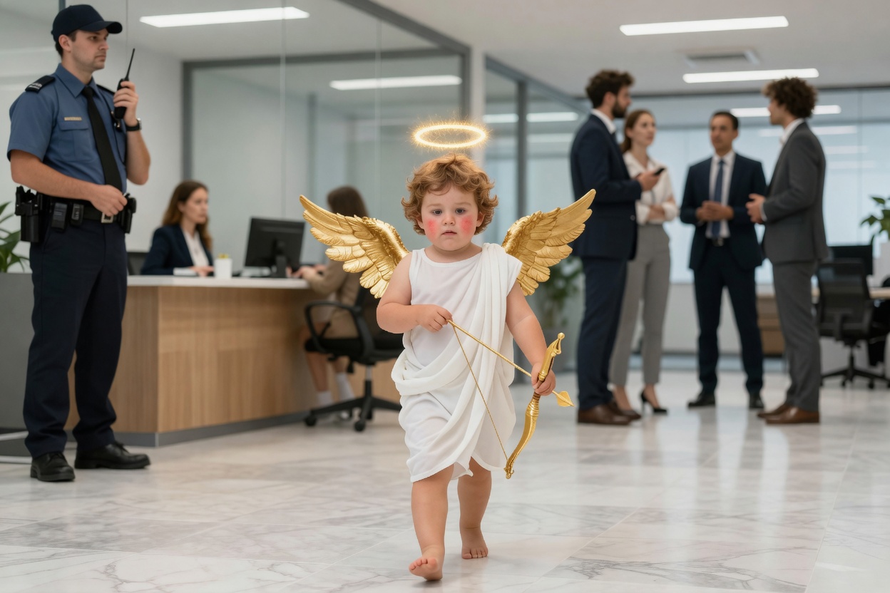 cherub walking through an office lobby