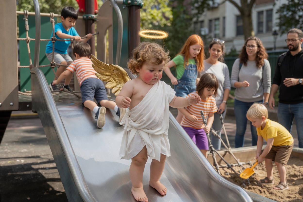 cherub on a playground slide