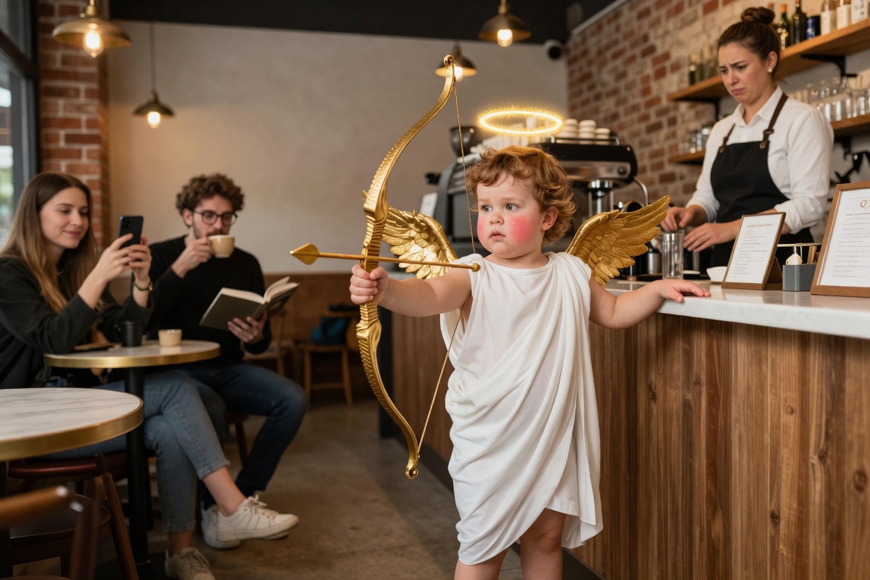 cherub at a coffee shop counter